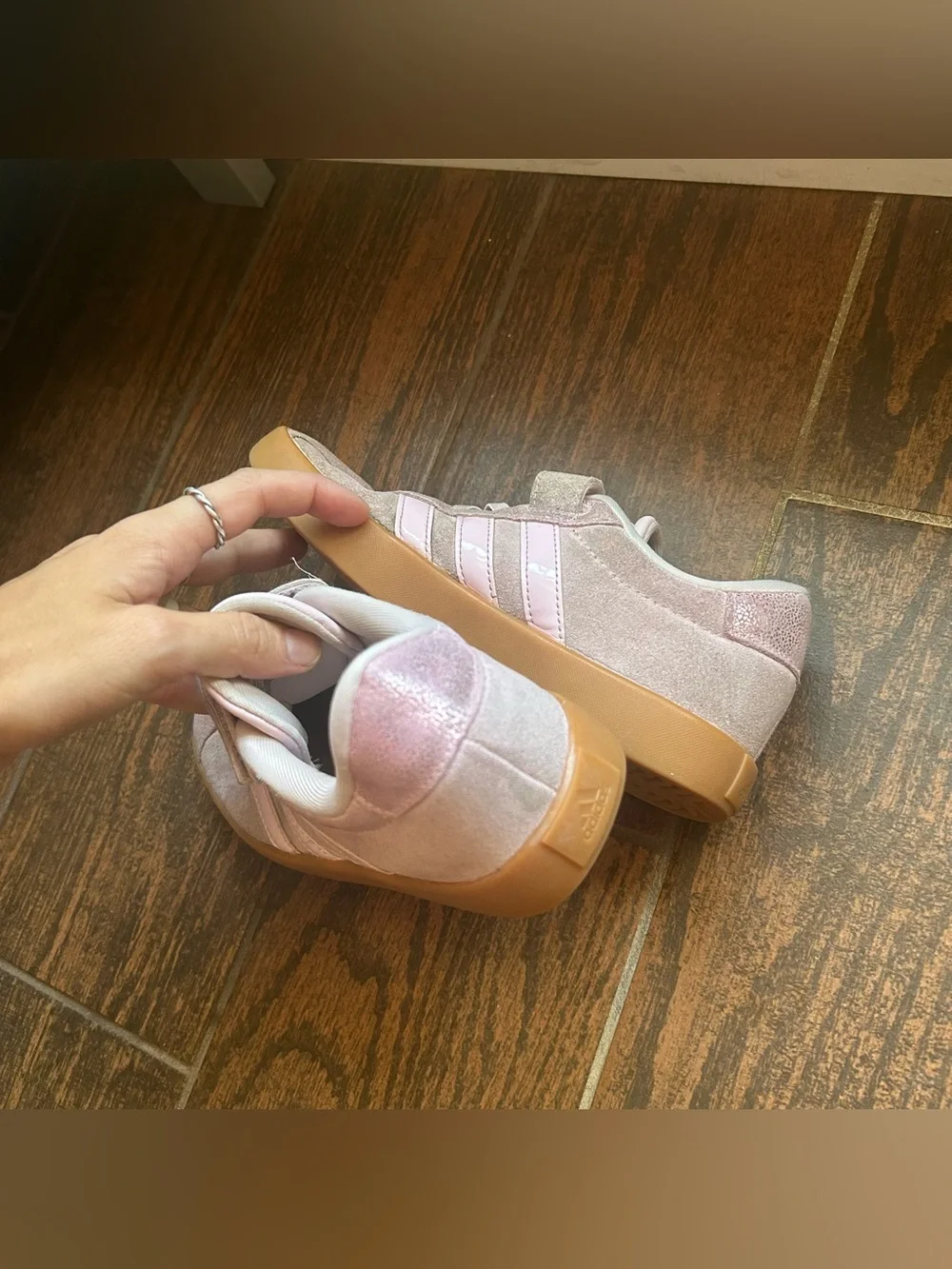 Girls pink shimmery adidas slip ons size 2.5